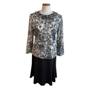 St John 2 PC Gray Silver Beaded Santana Knit Cardigan Jacket Flare Skirt size M